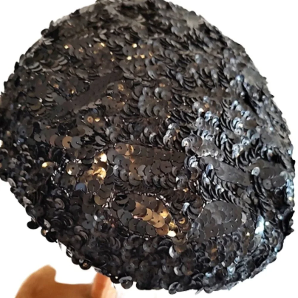 1950s True Vintage Sm Black Cocktail Band Hat Completely Covered With Sequins - Picture 6 of 6